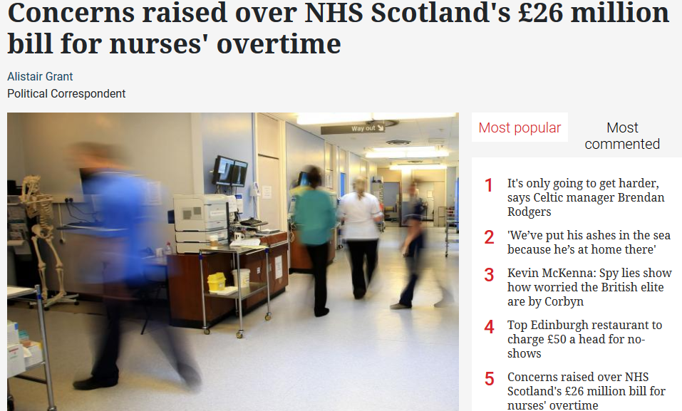 Herald and STV able to cut staffing after outsourcing their Health Correspondent role on a rotational basis to Labour and Tories. NHS Scotland spending 0.46% of budget on overtime while English nurses do it unpaid!